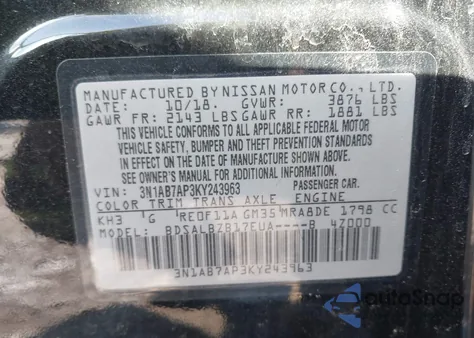 2019 Nissan Sentra S z USA, uszkodzony, nr VIN 3N1AB7AP3KY243963